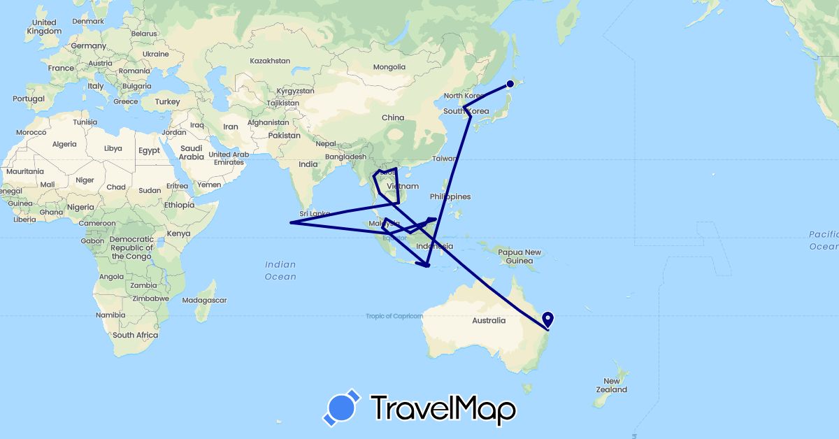 TravelMap itinerary: driving in Australia, Indonesia, Japan, South Korea, Laos, Maldives, Malaysia, Singapore, Thailand, Vietnam (Asia, Oceania)